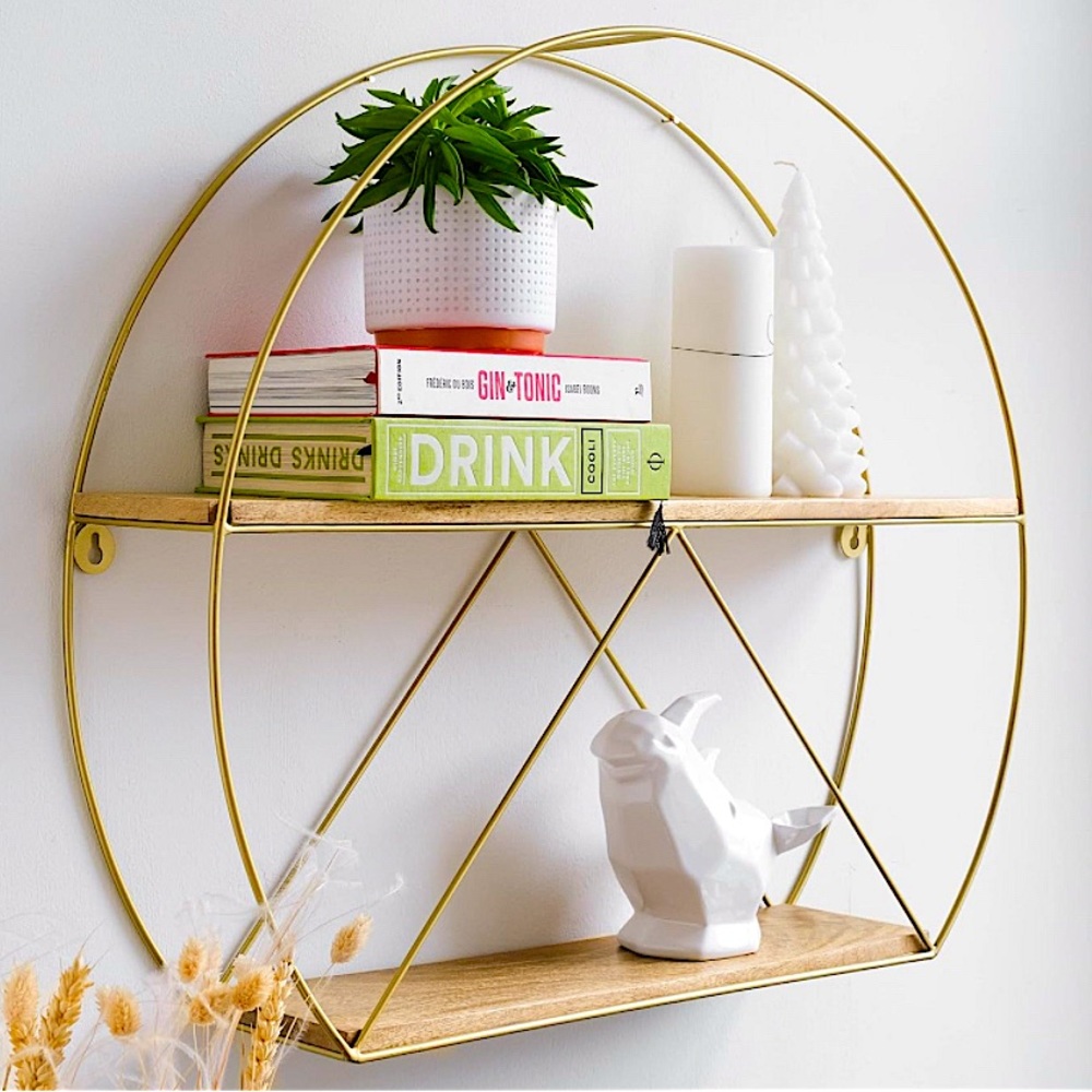 Kate and Laurel Delmar Wood and Gold Metal Geometric Floating Wall Shelf